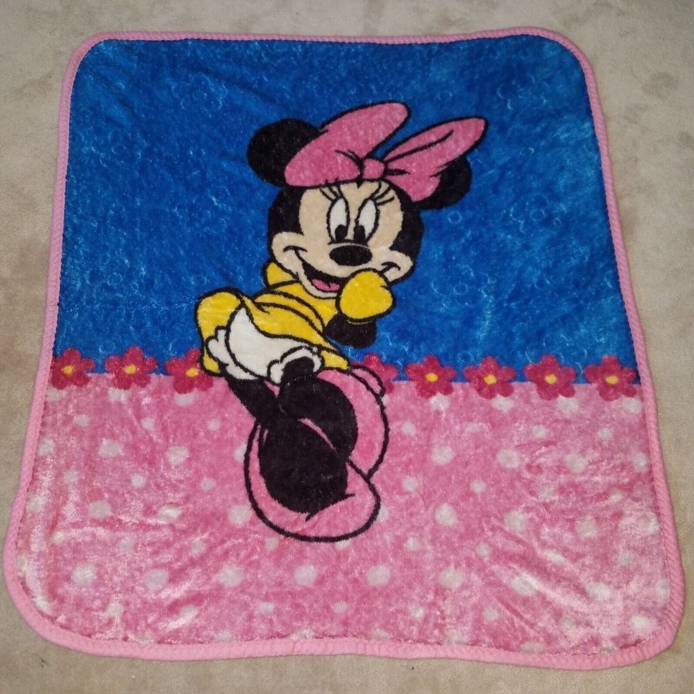 VTG Minnie Mouse Baby Blanket Pink Blue Disney Crown Crafts Acrylic Blend